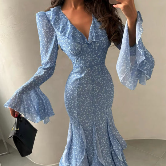 Damen Maxikleid mit V-Ausschnitt, Volantstufen und Trompetenärmeln Shop Nory