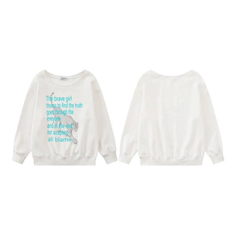 Damen Oversize-Sweatshirt mit Rundhalsausschnitt, typografischem Statement und Leoparden-Illustration Shop Nory