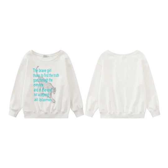 Damen Oversize-Sweatshirt mit Rundhalsausschnitt, typografischem Statement und Leoparden-Illustration Shop Nory