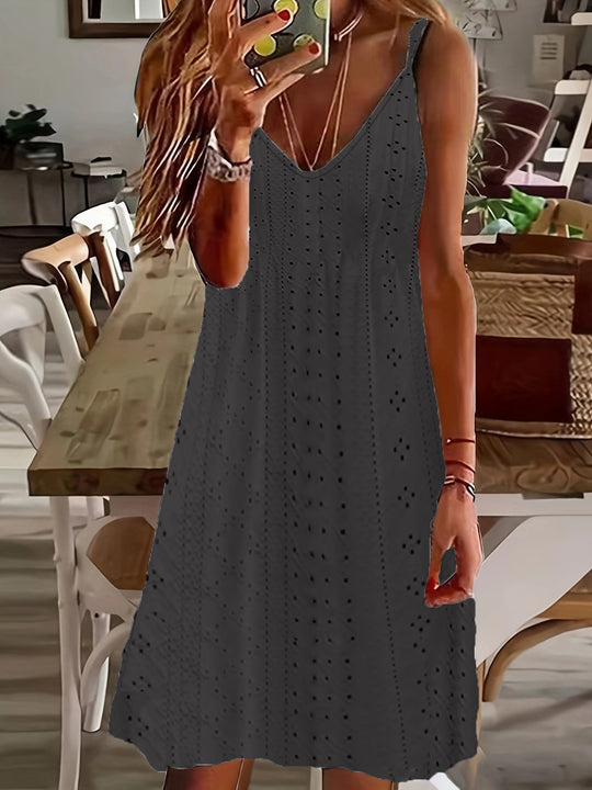 Damen Ärmelloses Sommerkleid mit dekorativem Lochmuster und V-Ausschnitt