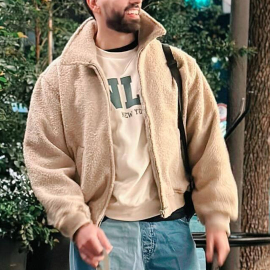 Herren Teddy-Fleece-Blouson mit Reißverschluss, Stehkragen und Rippbündchen Shop Nory