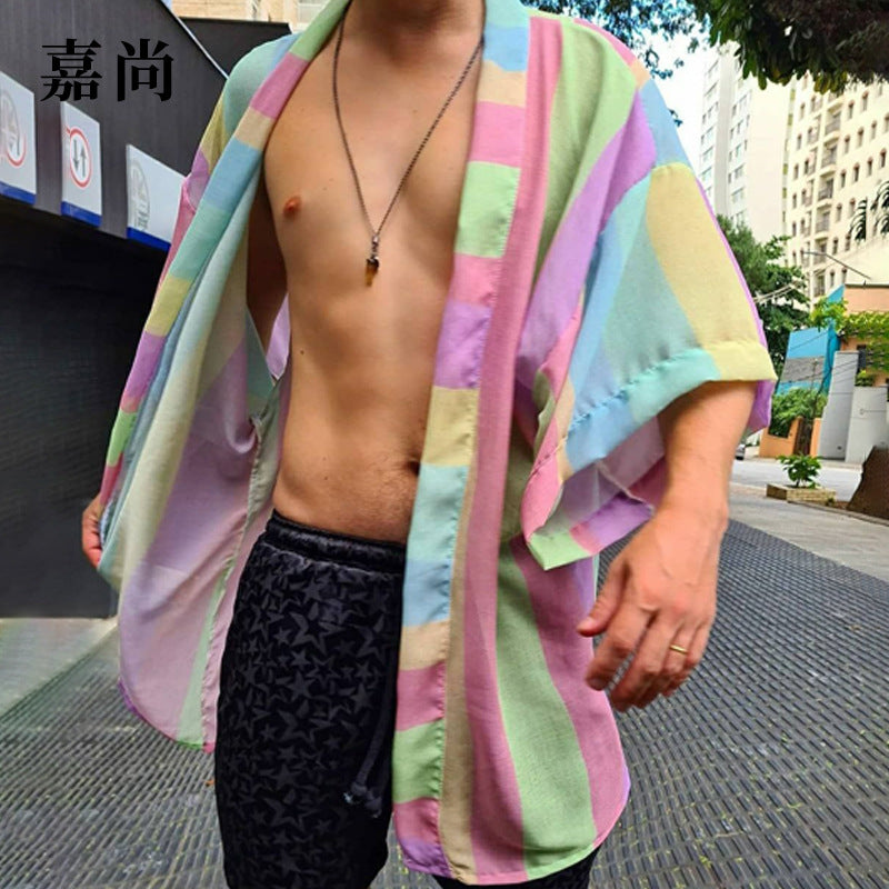 Damen Leichter Oversize-Kimono-Cardigan mit Längsstreifen und offenem Schnitt Shop Nory