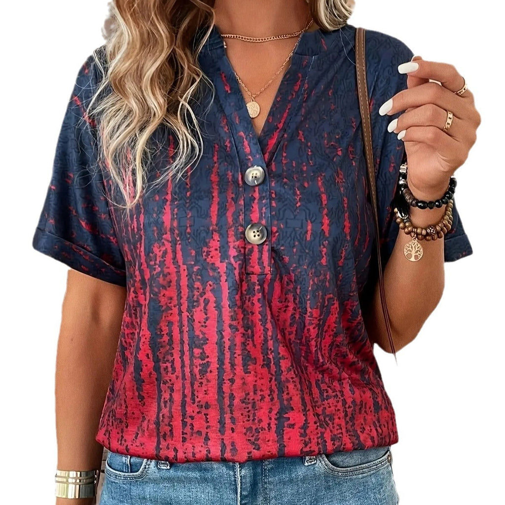 Damen Kurzarm-Bluse mit stylischem Knopf-Design und modischem Farbverlauf