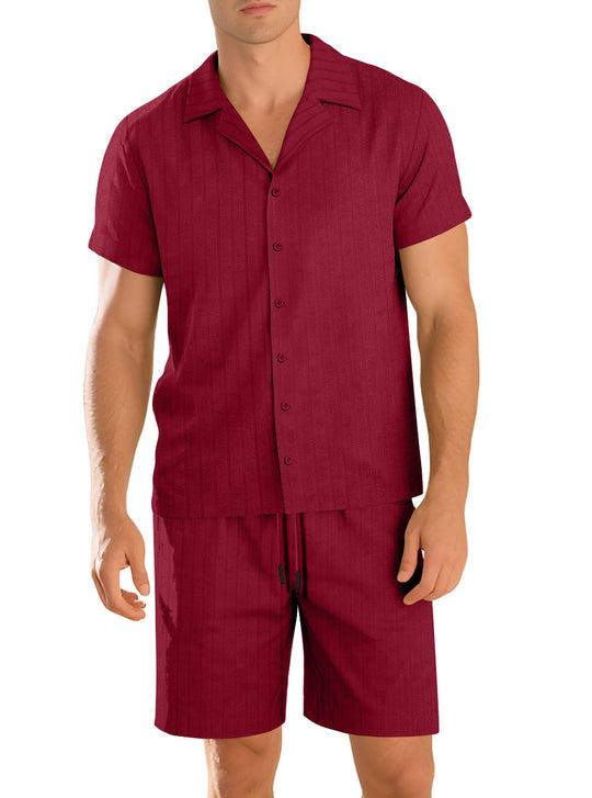 Herren nan Rippenstrick Lounge-Set mit Reverskragen Kurzarmhemd und Komfort-Bermuda Shopnory
