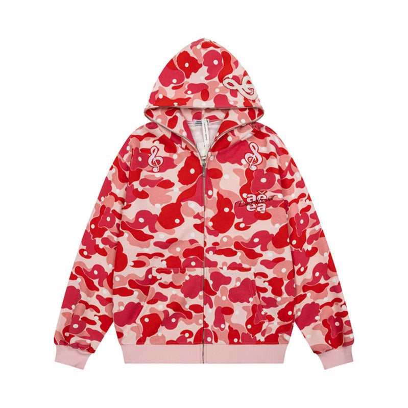 Damen Kapuzen-Sweatjacke mit Camouflage-Allover, Notenstickerei und durchgehendem Reißverschluss Shop Nory