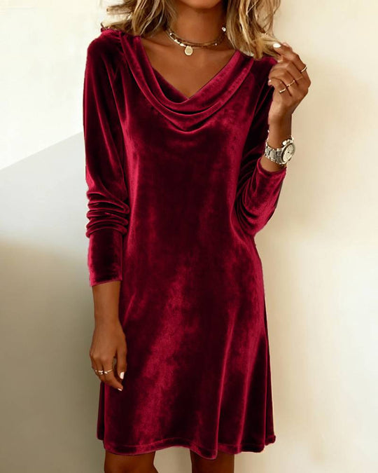 Damen Samt-Kleid mit Wasserfallkragen und lässiger A‑Linie Shop Nory