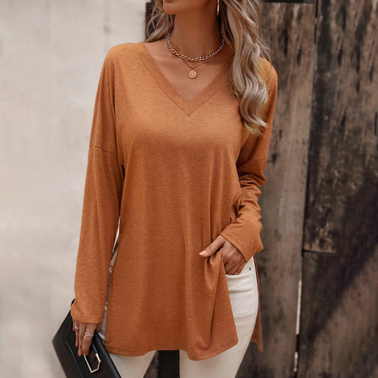 Damen lässige V-Neck Longsleeve-Tunika mit Seitenschlitzen und relaxed Fit Shop Nory