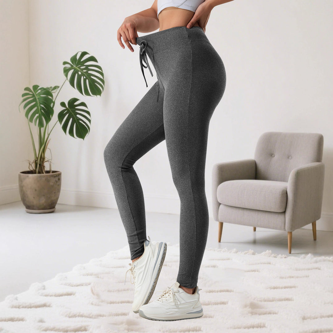 Damen Gerippte High-Waist Lounge-Leggings mit Kordelzug und figurformendem Bund Shopy Nory