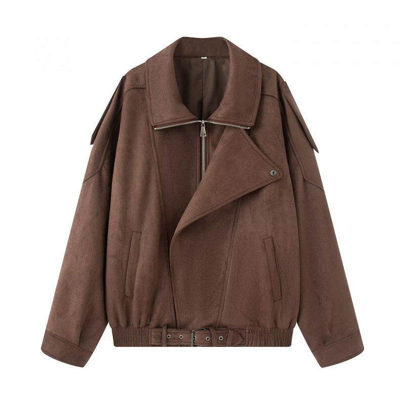 Damen Oversize Bomberjacke mit breitem Reverskragen, Taillengürtel und Schulterklappen Shop Nory