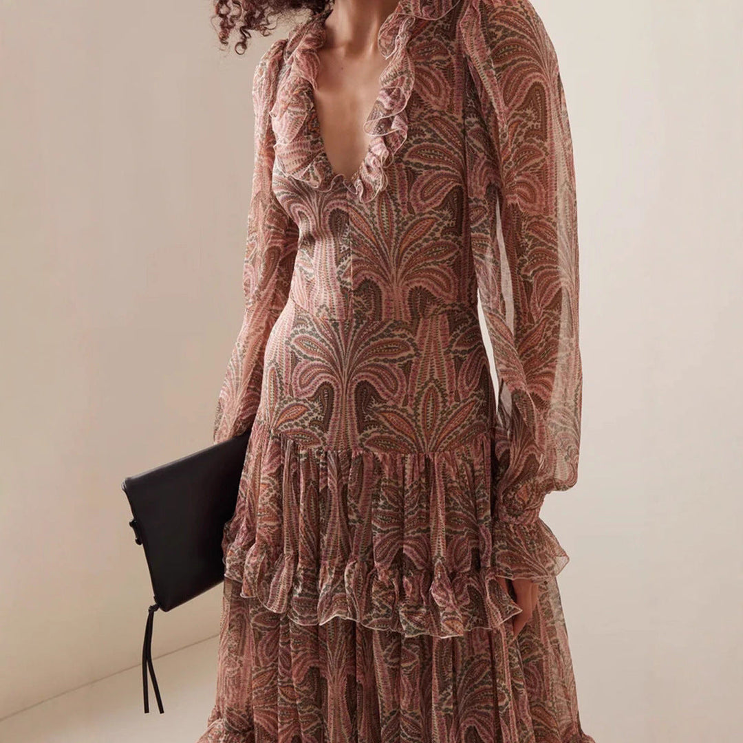 Damen Maxikleid mit rüschenverziertem GewShopnorye und elegantem V-Ausschnitt