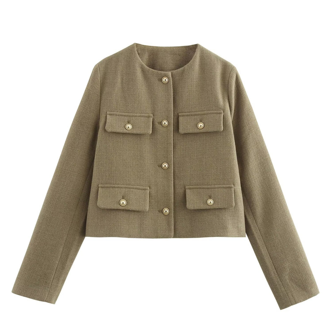 Damen Kurze Bouclé-Blazerjacke mit Rundhalsausschnitt, Zierleistentaschen und goldfarbenen Knöpfen Shop Nory