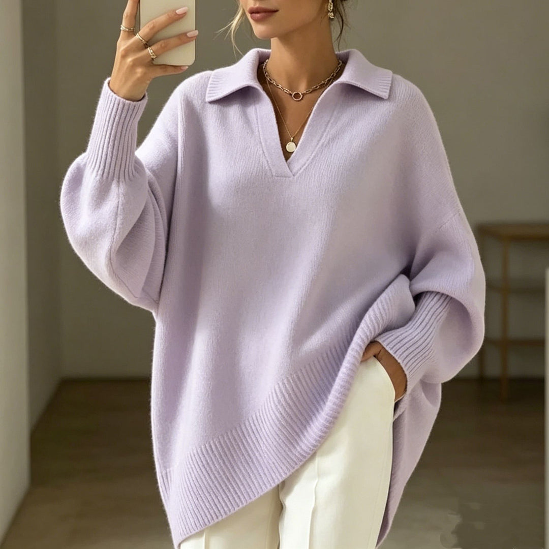 Damen Oversize-Polokragen V-Ausschnitt Strickpullover mit Ballonärmeln Shop Nory