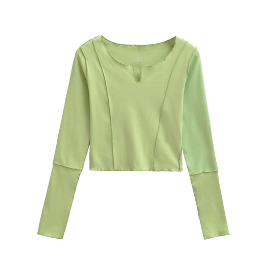 Damen Kurzes Langarmshirt mit sichtbaren Rollnähten und Notch-Ausschnitt Shop Nory