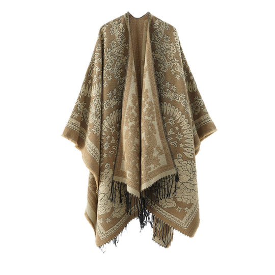 Damen Jacquard-Umhangponcho aus Wollmix mit beidseitigem Paisley-Jacquard und Fransen Shop Nory