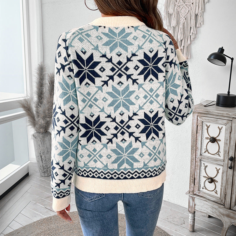 Damen Norwegermuster Strickpullover mit Rundhals, Rippbündchen und Relaxed‑Fit Shop Nory