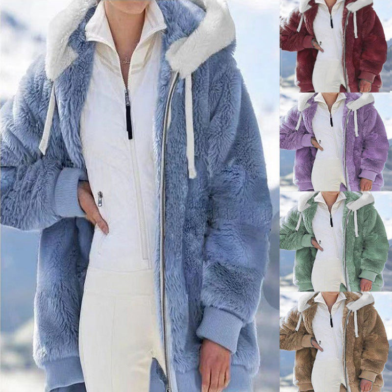 Damen Oversized Sherpa-Zipjacke mit Kontrastkragen, Rippbündchen und Kordelzug Shop Nory