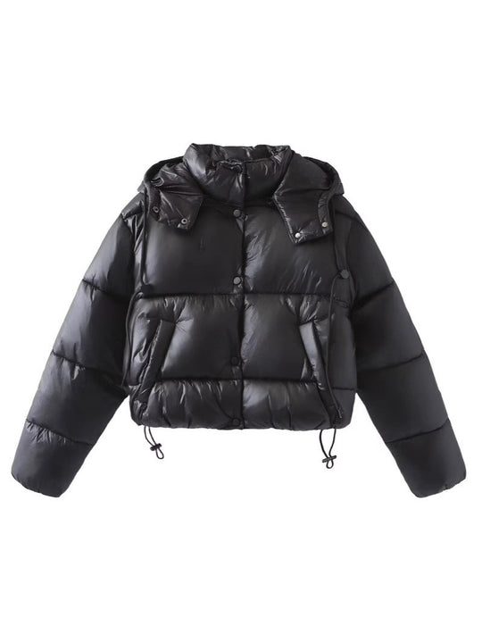 Damen Glänzende Cropped Pufferjacke mit Kordelzug und Druckknopfblende Shop Nory