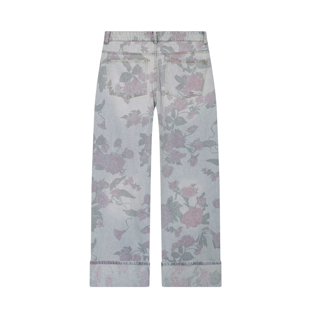 Damen Weite Blumenprint-Denimhose mit geradem Bein und Umschlag Shop Nory