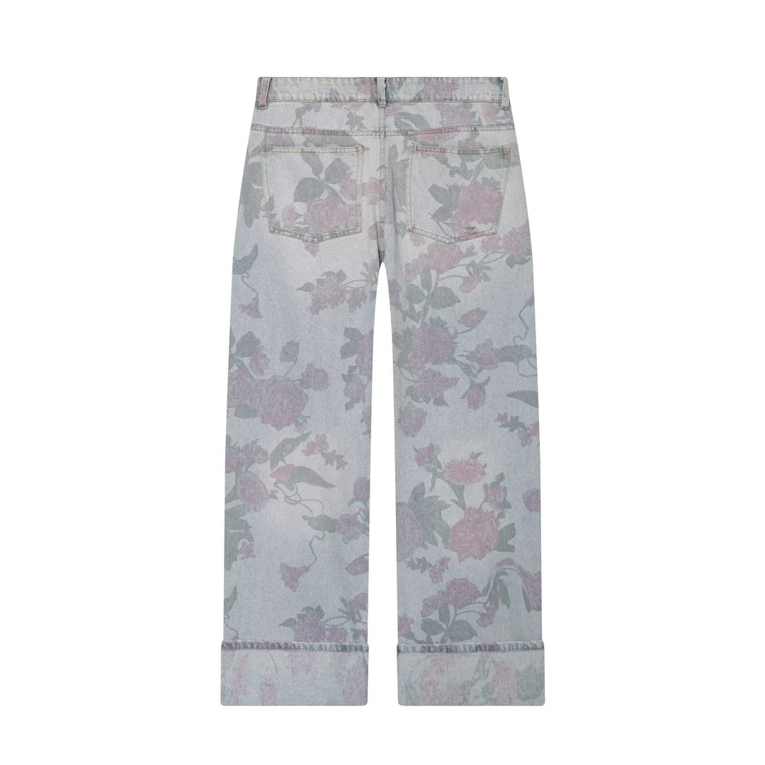 Damen Weite Blumenprint-Denimhose mit geradem Bein und Umschlag Shop Nory