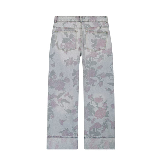 Damen Weite Blumenprint-Denimhose mit geradem Bein und Umschlag Shop Nory