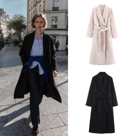 Damen Langer Taillierter Wollmix-Mantel mit Bindegürtel und Reverskragen Shop Nory