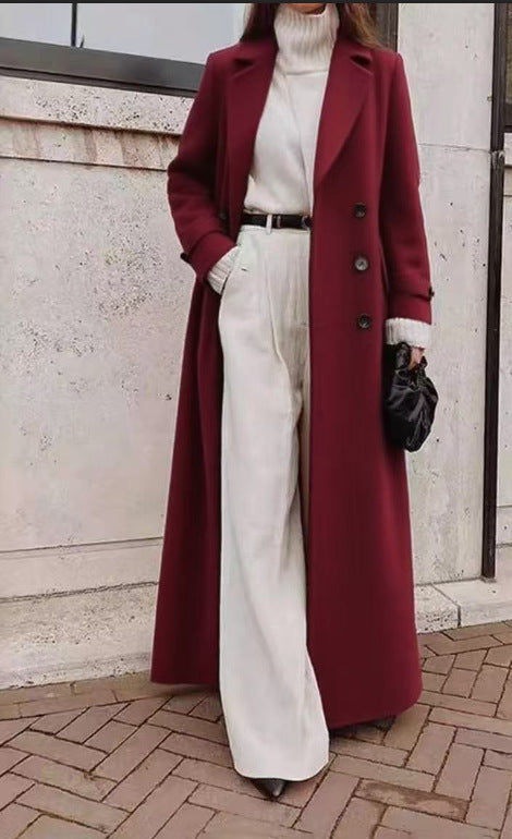 Damen Langer doppeltreihiger Wollmantel mit Reverskragen und taillierter Silhouette Shop Nory