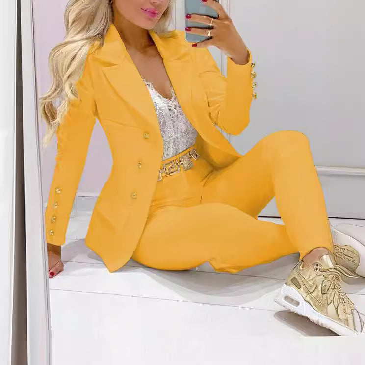 Damen nan tailliertes Doppelreiher-Blazer-Set mit goldknopf-Detail und hochtaillierter Slimhose Shop Nory