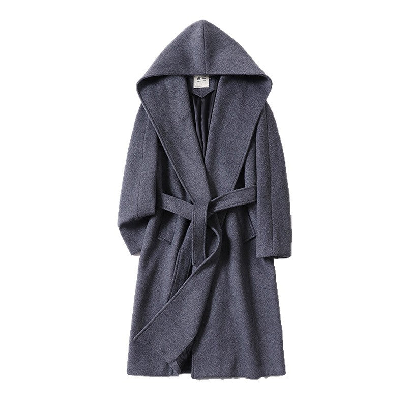 Herren Maxilanger Kapuzenmantel aus Wollmix mit Bindegürtel und kastiger Silhouette Shop Nory