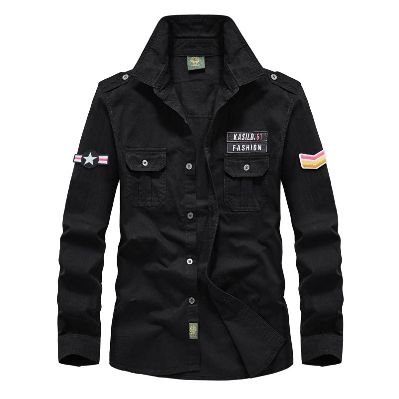 Herren Militärinspiriertes Hemdblouson mit Schulterpatten, Brustpattentaschen und Abzeichenpatches Shop Nory