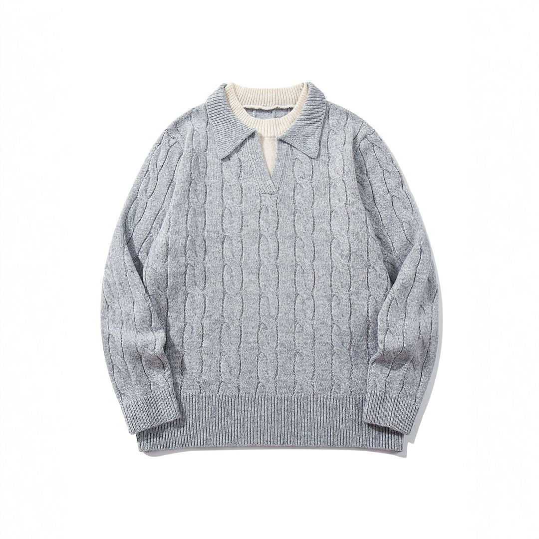 Unisex Strukturiertes Zopfstrick-Pullover mit Polokragen und tiefem V‑Ausschnitt Shop Nory