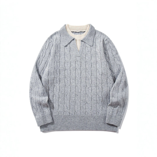 Unisex Strukturiertes Zopfstrick-Pullover mit Polokragen und tiefem V‑Ausschnitt Shop Nory