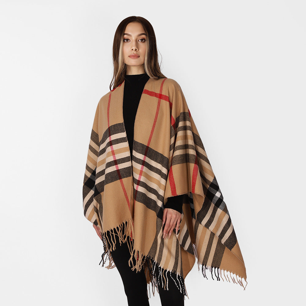 Damen Karierter Wollmix-Poncho mit Fransen und offenem Kimono-Schnitt Shop Nory