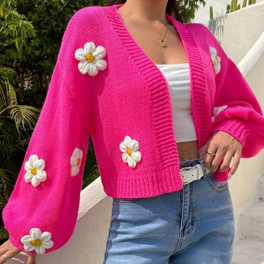 Damen Strickjacke mit floralen Applikationen und lockerer Passform