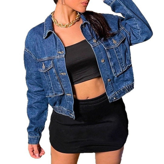 Damen Kurz geschnittene Cropped-Denimjacke mit elas­tischem Bund und Pattentaschen Shop Nory