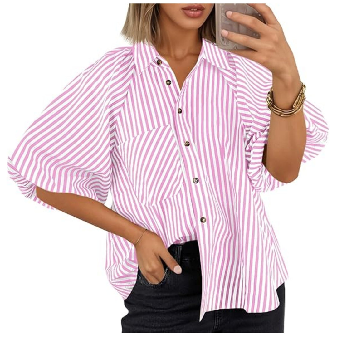 Damen Oversize Hemdbluse mit Ballonärmeln und vertikalem Streifenmuster Shop Nory