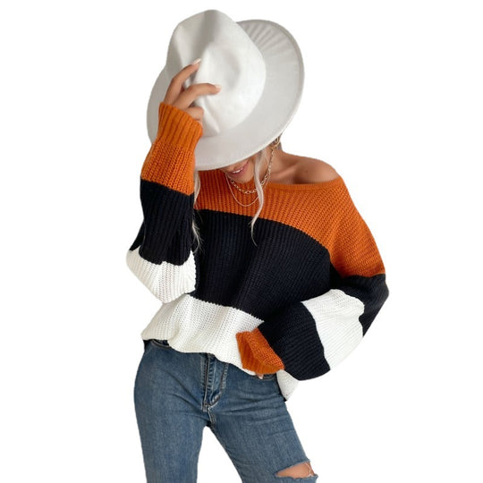 Damen Oversize Strickpullover mit schrägem Carmen-Ausschnitt und breiten Farbblöcken Shop Nory