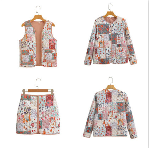 Damen Gesteppte Patchwork-Jacke Weste und Minirock-Set Shop Nory