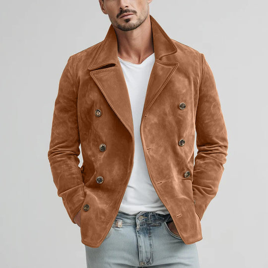 Herren Doppelreihige Velourslederjacke im Kurzmantel-Blouson mit markantem Revers Shop Nory