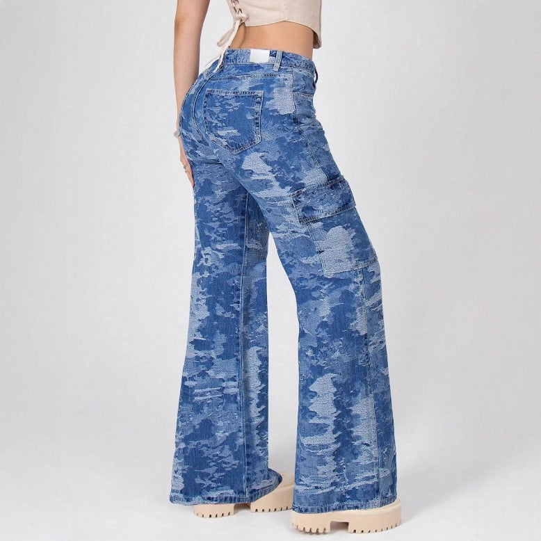 Damen Taillenhohe Palazzo-Cargo-Jeans aus Camouflage-Denim mit aufgesetzten Taschen Shop Nory