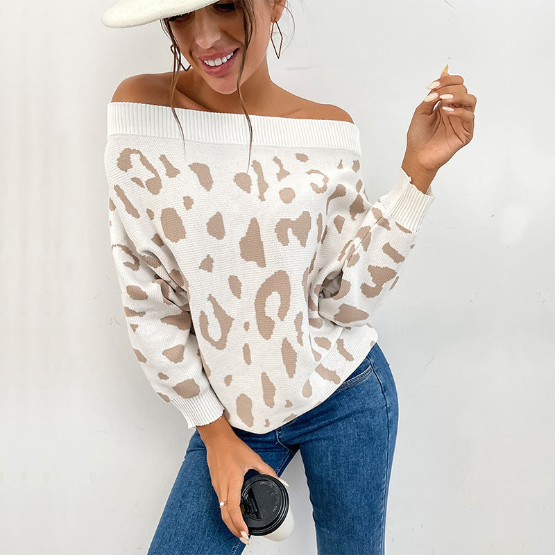 Damen Carmenpullover im Leoparden-Jacquard Oversize mit weitem Ausschnitt Shop Nory