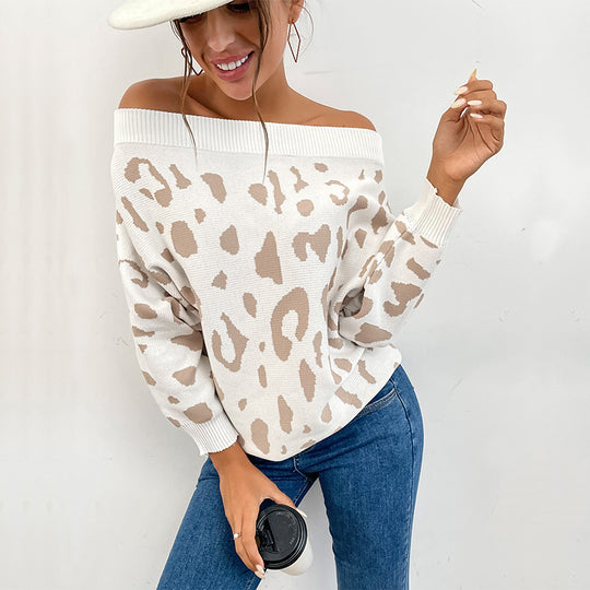 Damen Carmenpullover im Leoparden-Jacquard Oversize mit weitem Ausschnitt Shop Nory