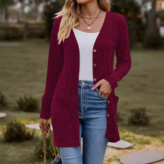 Damen nan langer gerippter Strickcardigan mit Eingrifftaschen und Holzknöpfen Shop Nory