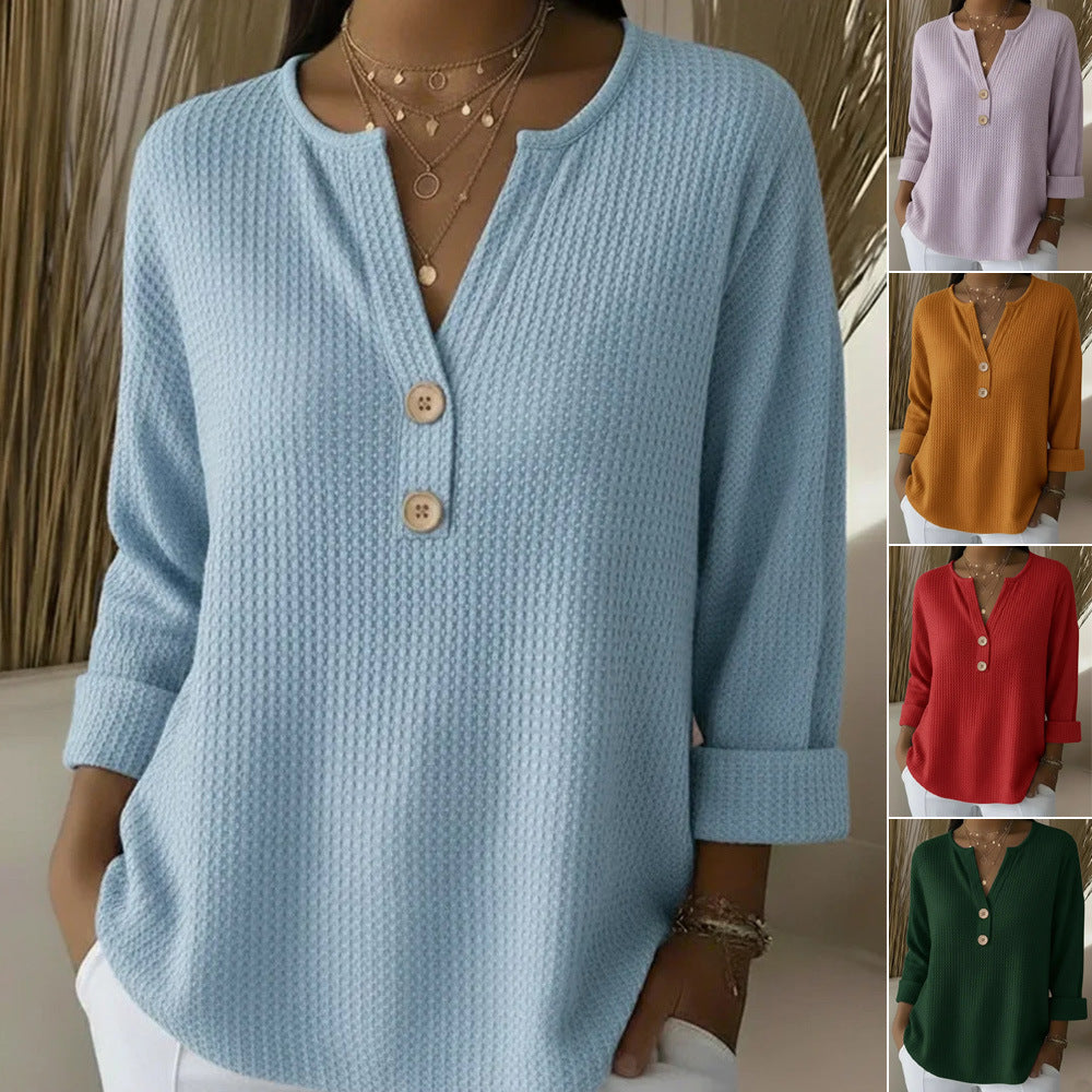 Damen Waffelstrick-Henleyshirt mit Holzknöpfen und krempelbaren Ärmeln Shop Nory