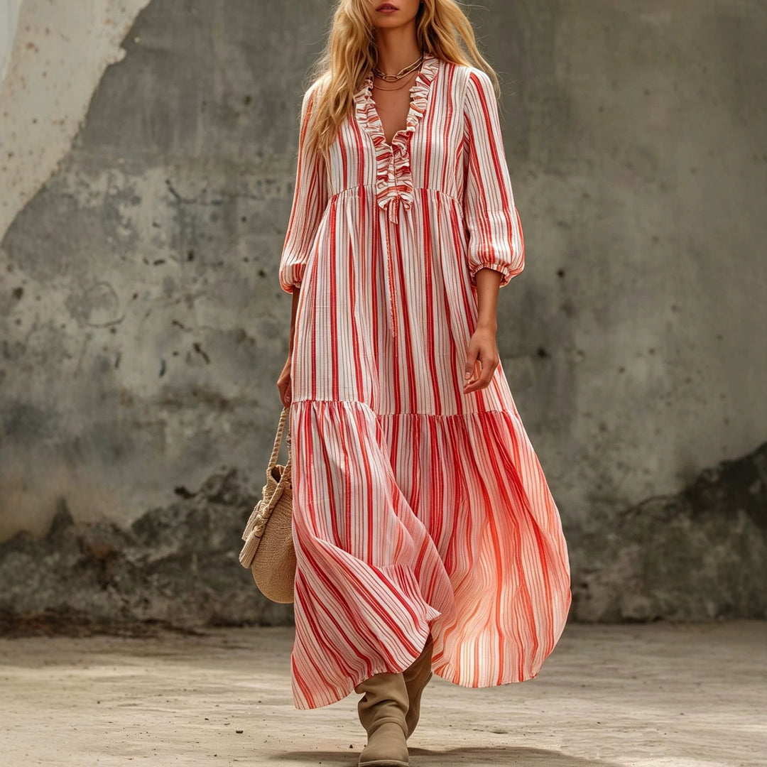 Damen Maxikleid mit Rüschen-V-Ausschnitt und Ballonärmeln Shop Nory