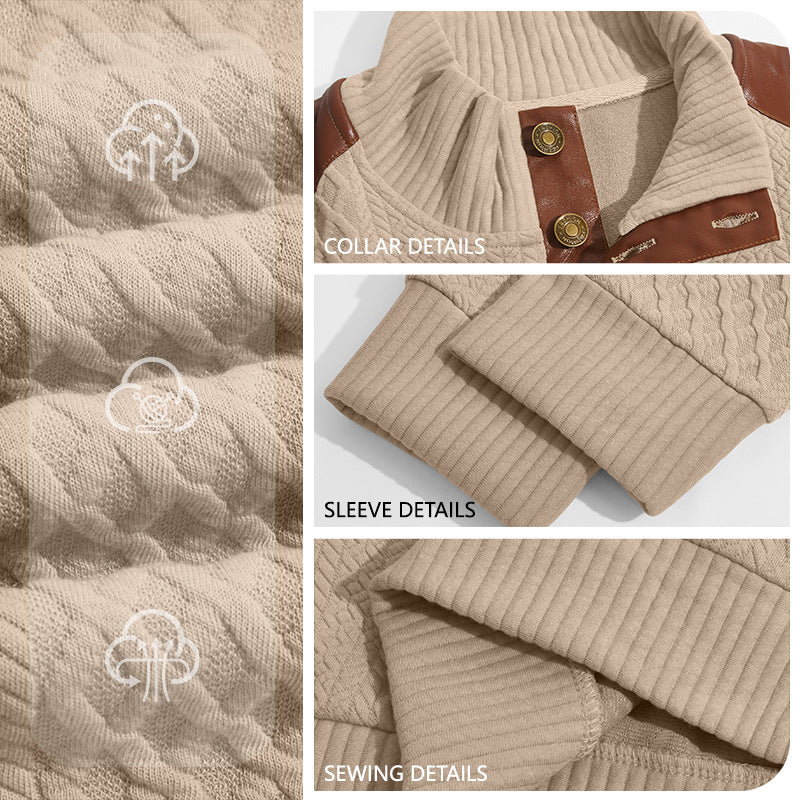 Herren Pullover mit Stehkragen, Zopfmuster und kontrastierenden Lederbesätzen Shop Nory