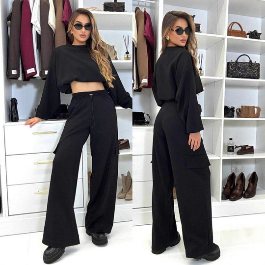 Damen kurzes Oversize-Sweatshirt mit weitem Cargo-Hose Lounge-Set Shop Nory