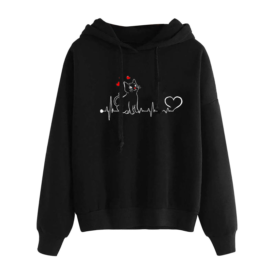 Damen nan leichter Oversize Kapuzenpullover mit Herz‑EKG‑Motiv, langen Kordeln und elastischem Bund Shop Nory