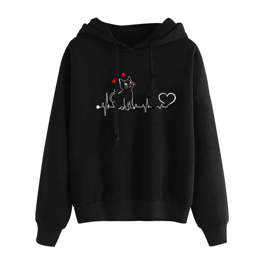Damen nan leichter Oversize Kapuzenpullover mit Herz‑EKG‑Motiv, langen Kordeln und elastischem Bund Shop Nory