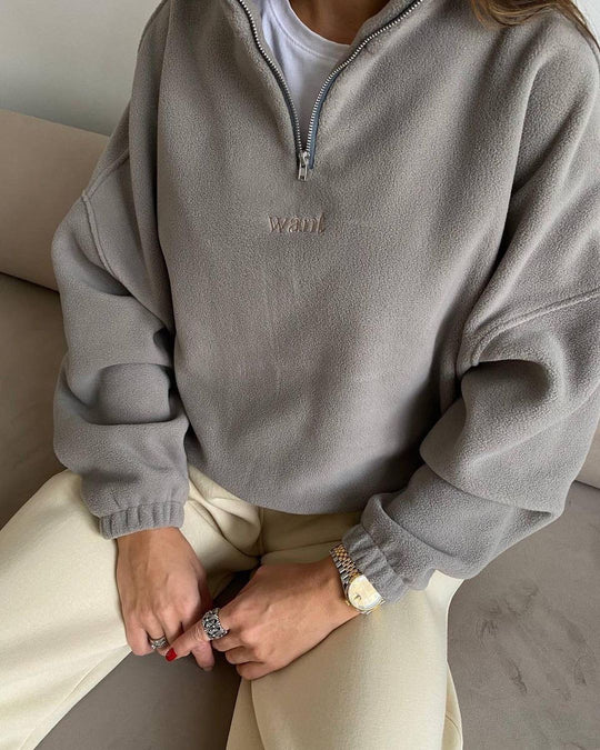 Damen Fleece-Halbzip-Sweatshirt oversized mit Stehkragen, Kängurutasche-Optik und elastischen Bündchen Shop Nory