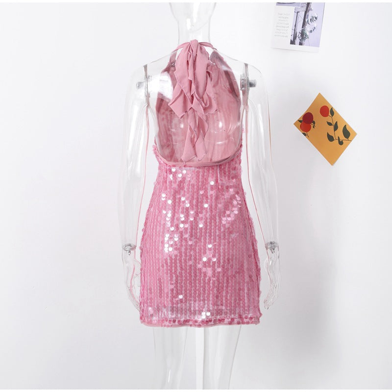 Damen Glamouröses Pailletten-Minikleid mit haltem Ausschnitt
